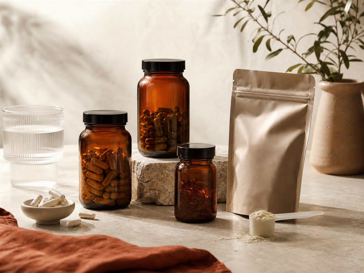 Frascos ámbar de suplementos con cápsulas, una bolsa kraft de polvo y una cuchara dosificadora sobre una superficie de piedra
