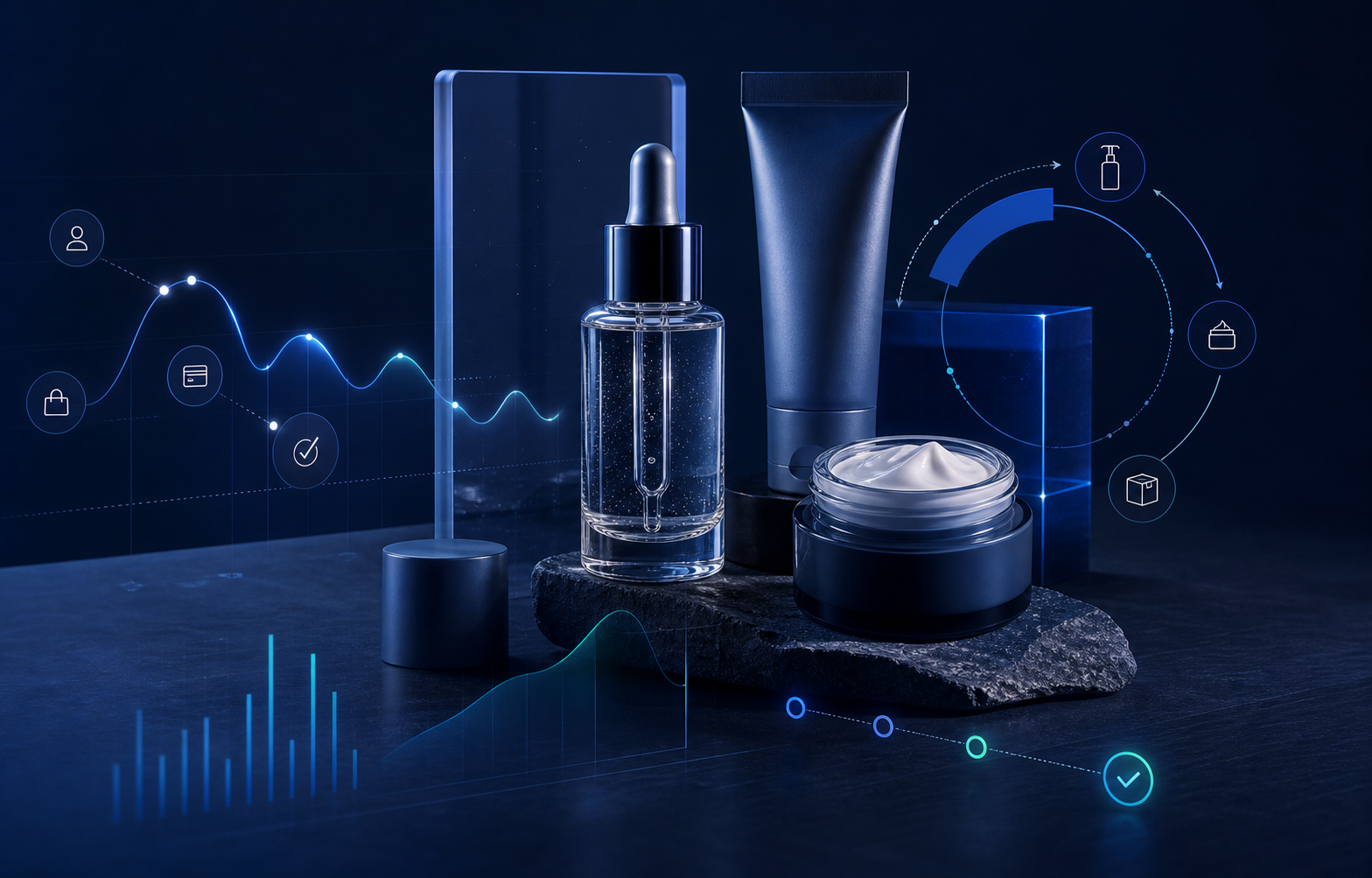Productos de skincare con overlays de diagnostico ecommerce