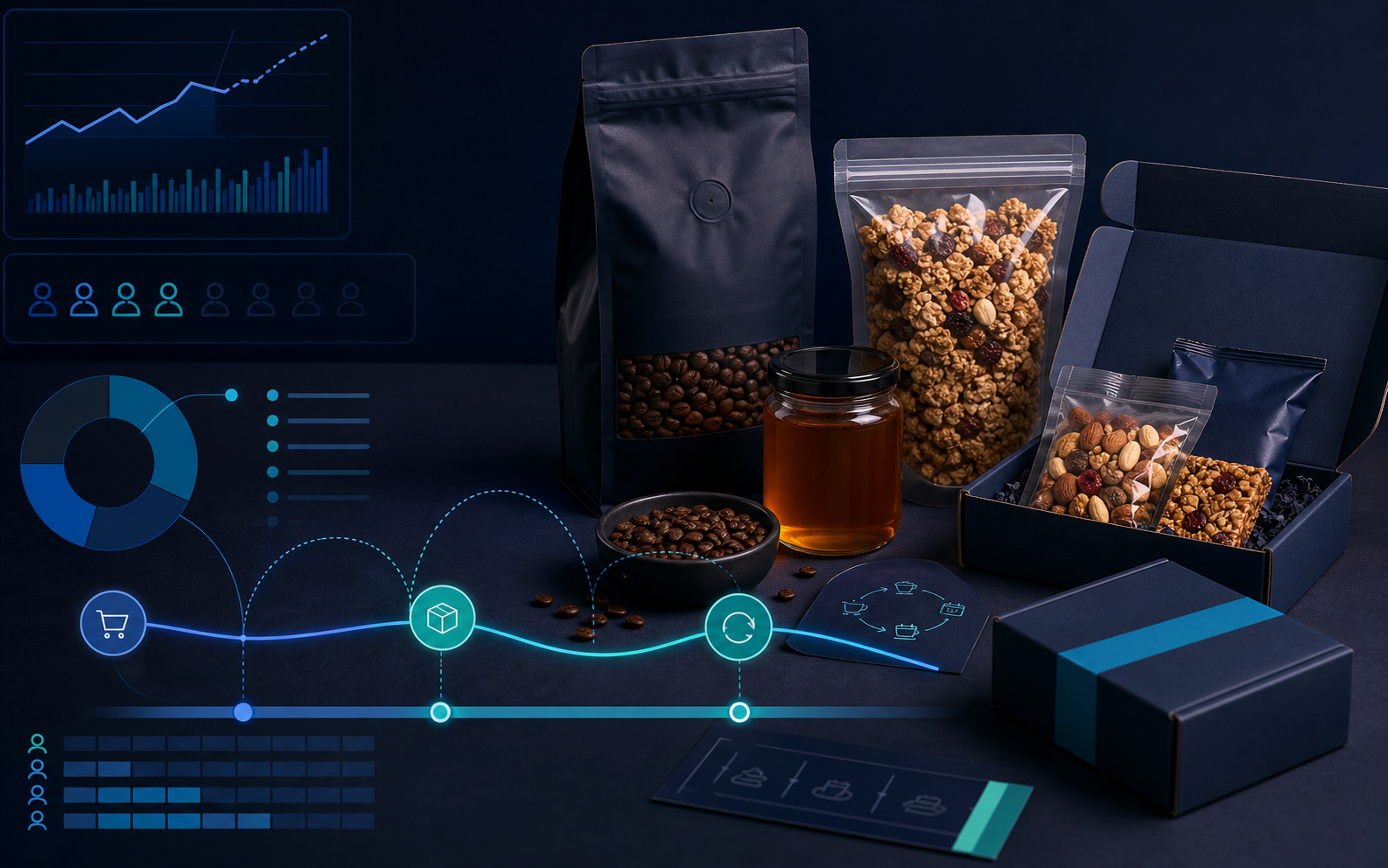 Productos de suscripcion de alimentos con overlays de ticket y recompra