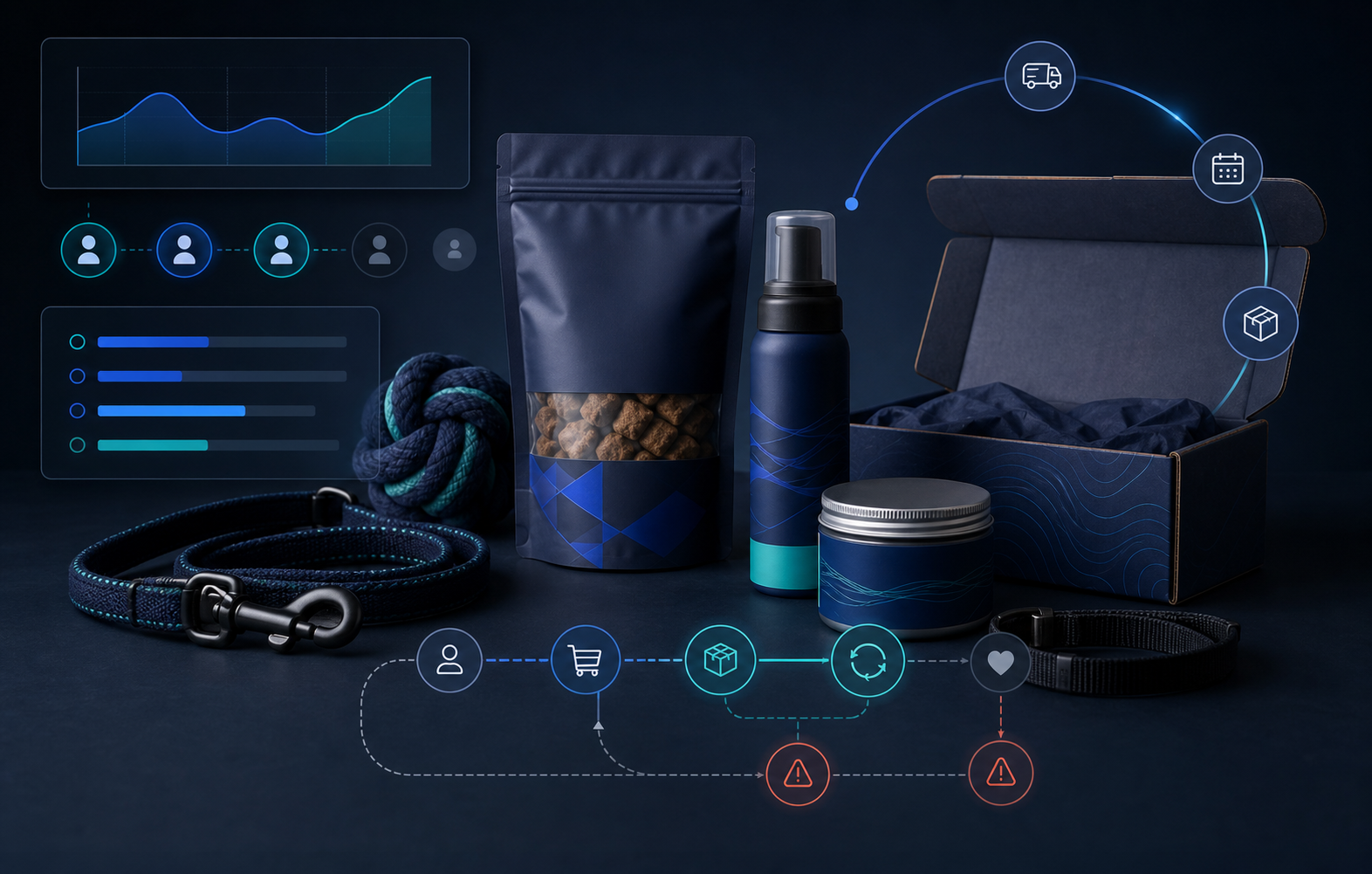 Productos de cuidado de mascotas con overlays de retencion y lifecycle